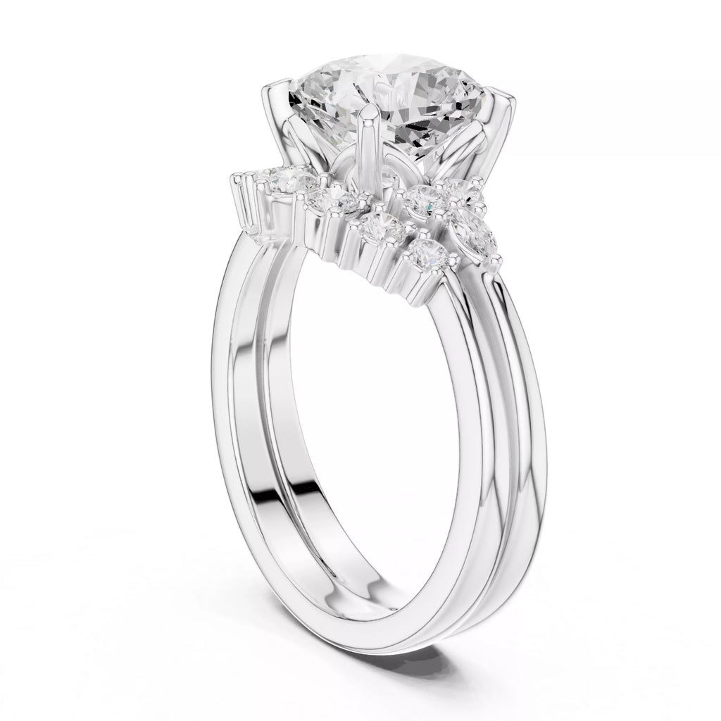 Round Cluster Double Band Engagement Ring in Solid Gold – Moissanite or Lab Grown Diamond