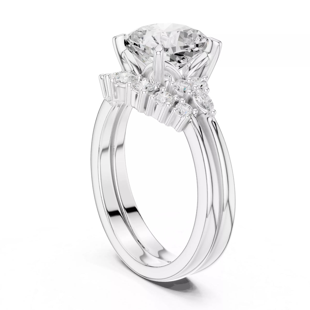 Round Cluster Double Band Engagement Ring in Solid Gold – Moissanite or Lab Grown Diamond