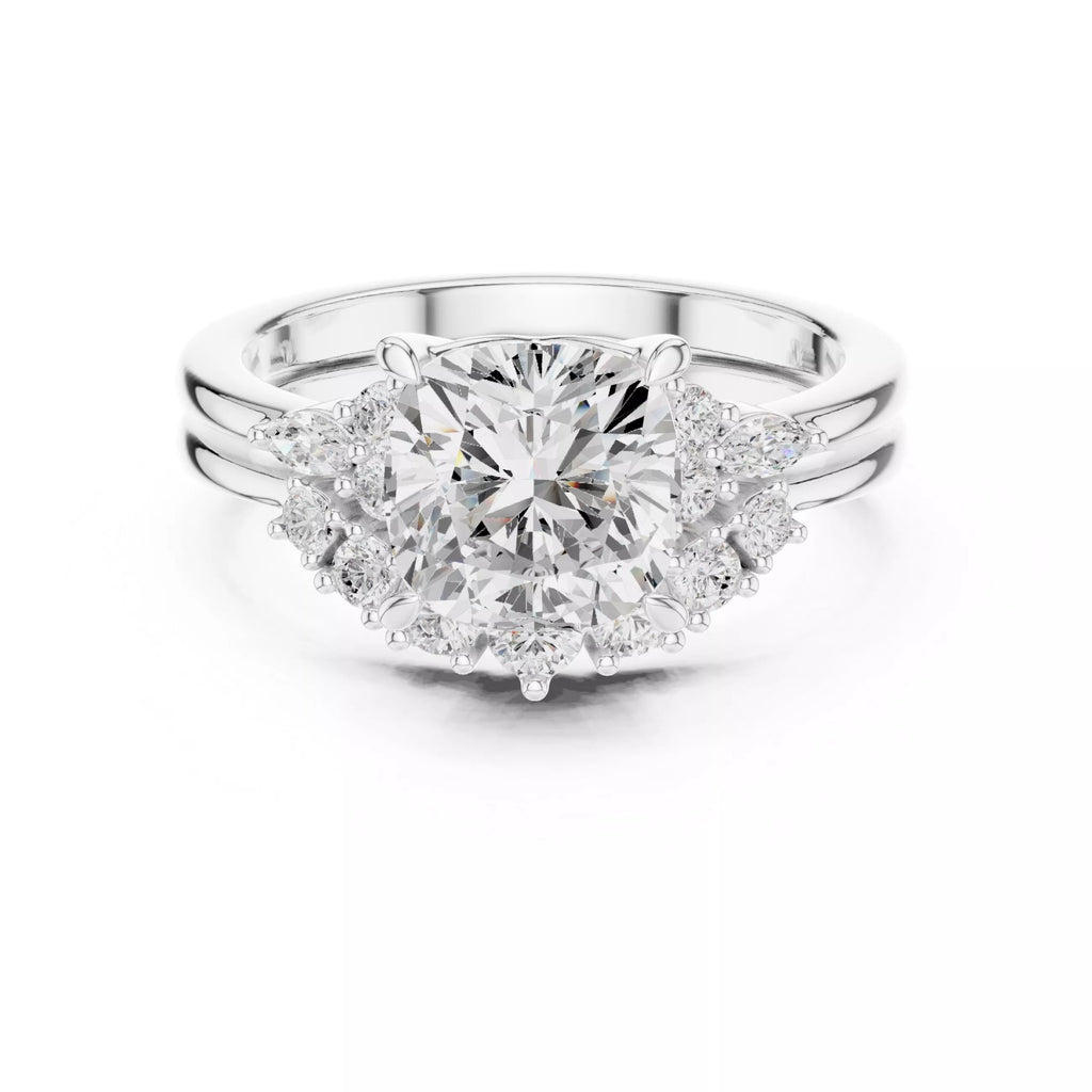 Round Cluster Double Band Engagement Ring in Solid Gold – Moissanite or Lab Grown Diamond