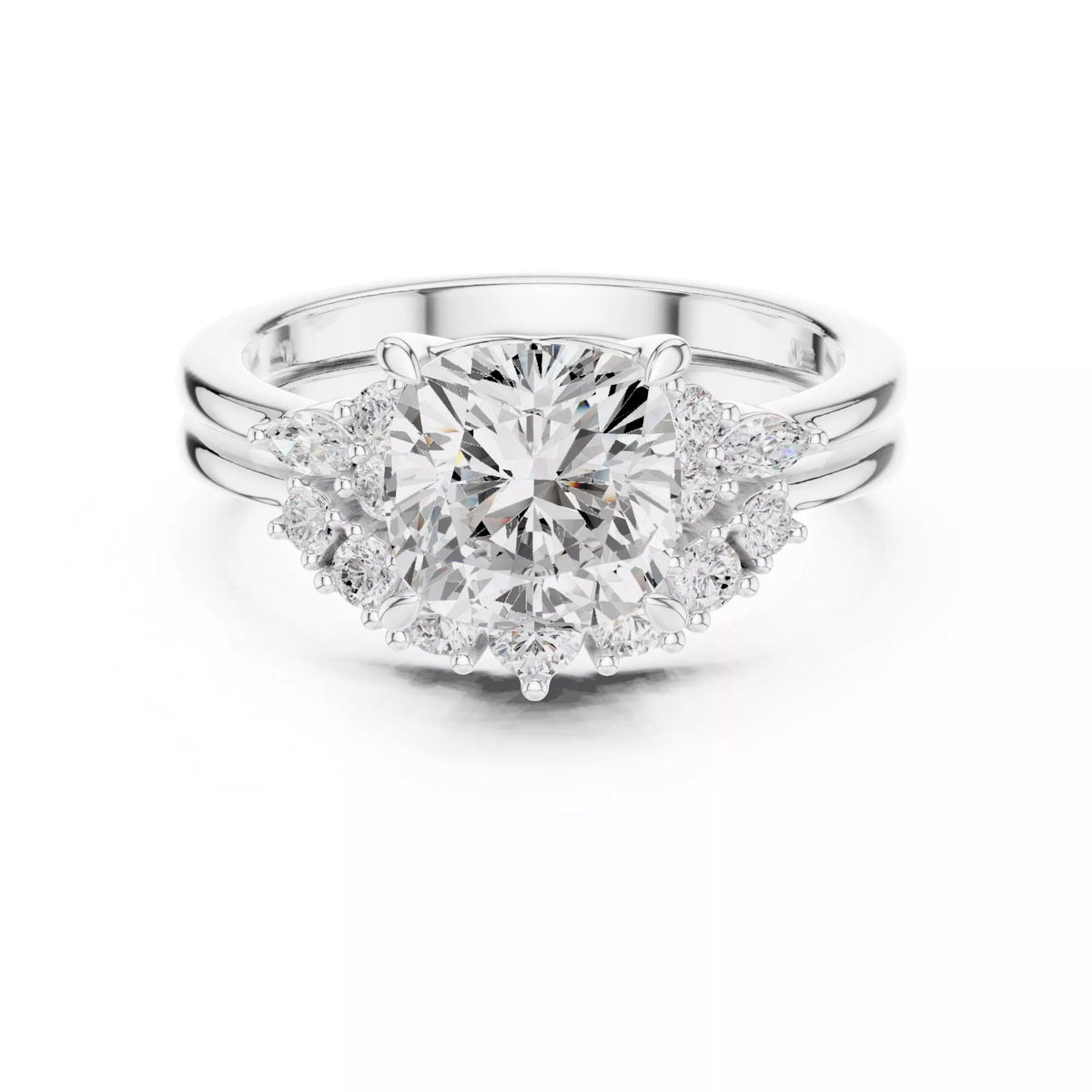 Round Cluster Double Band Engagement Ring in Solid Gold – Moissanite or Lab Grown Diamond