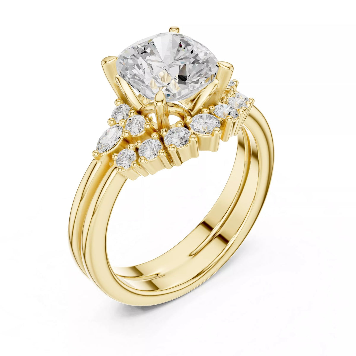 Round Cluster Double Band Engagement Ring in Solid Gold – Moissanite or Lab Grown Diamond