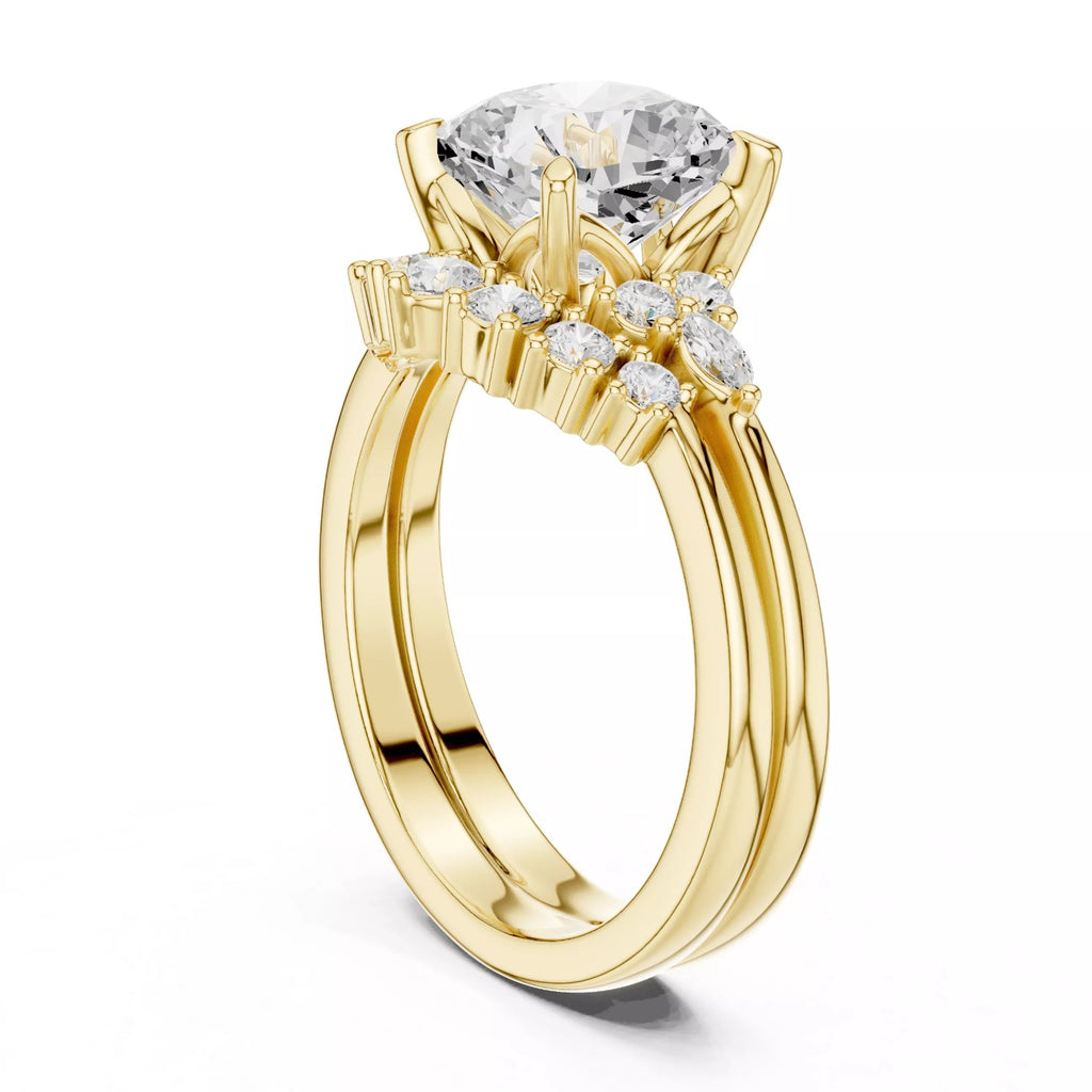 Round Cluster Double Band Engagement Ring in Solid Gold – Moissanite or Lab Grown Diamond
