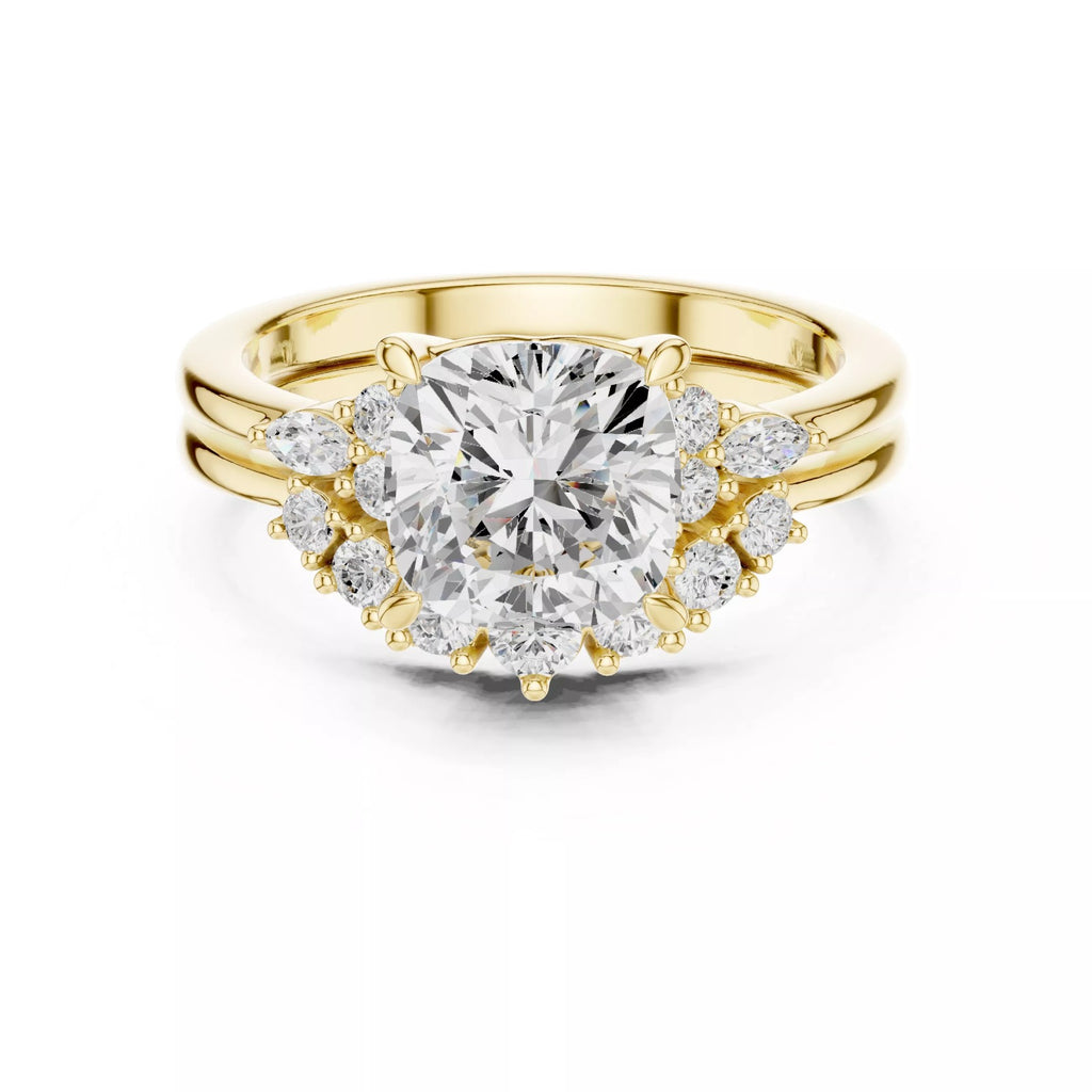 Round Cluster Double Band Engagement Ring in Solid Gold – Moissanite or Lab Grown Diamond
