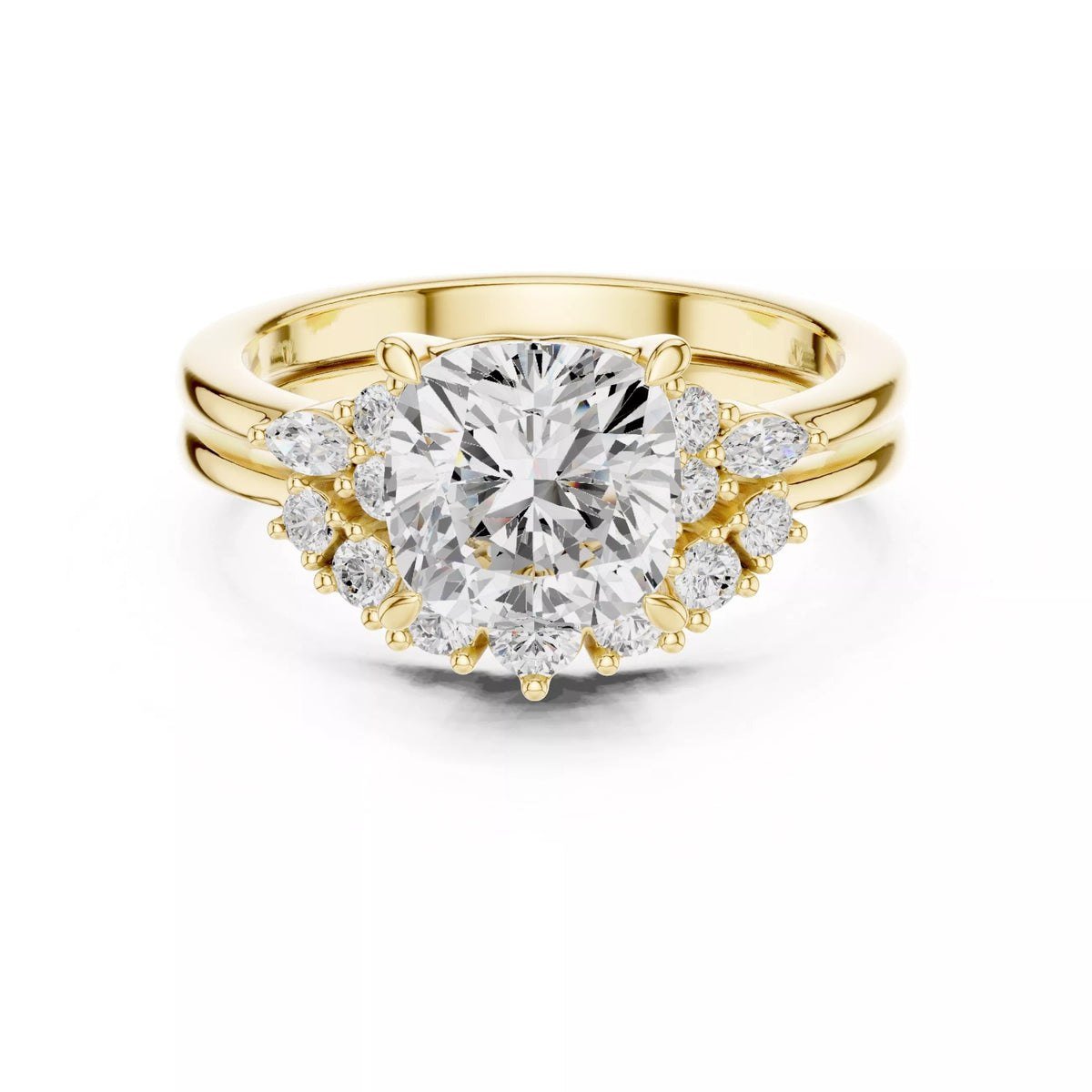 Round Cluster Double Band Engagement Ring in Solid Gold – Moissanite or Lab Grown Diamond