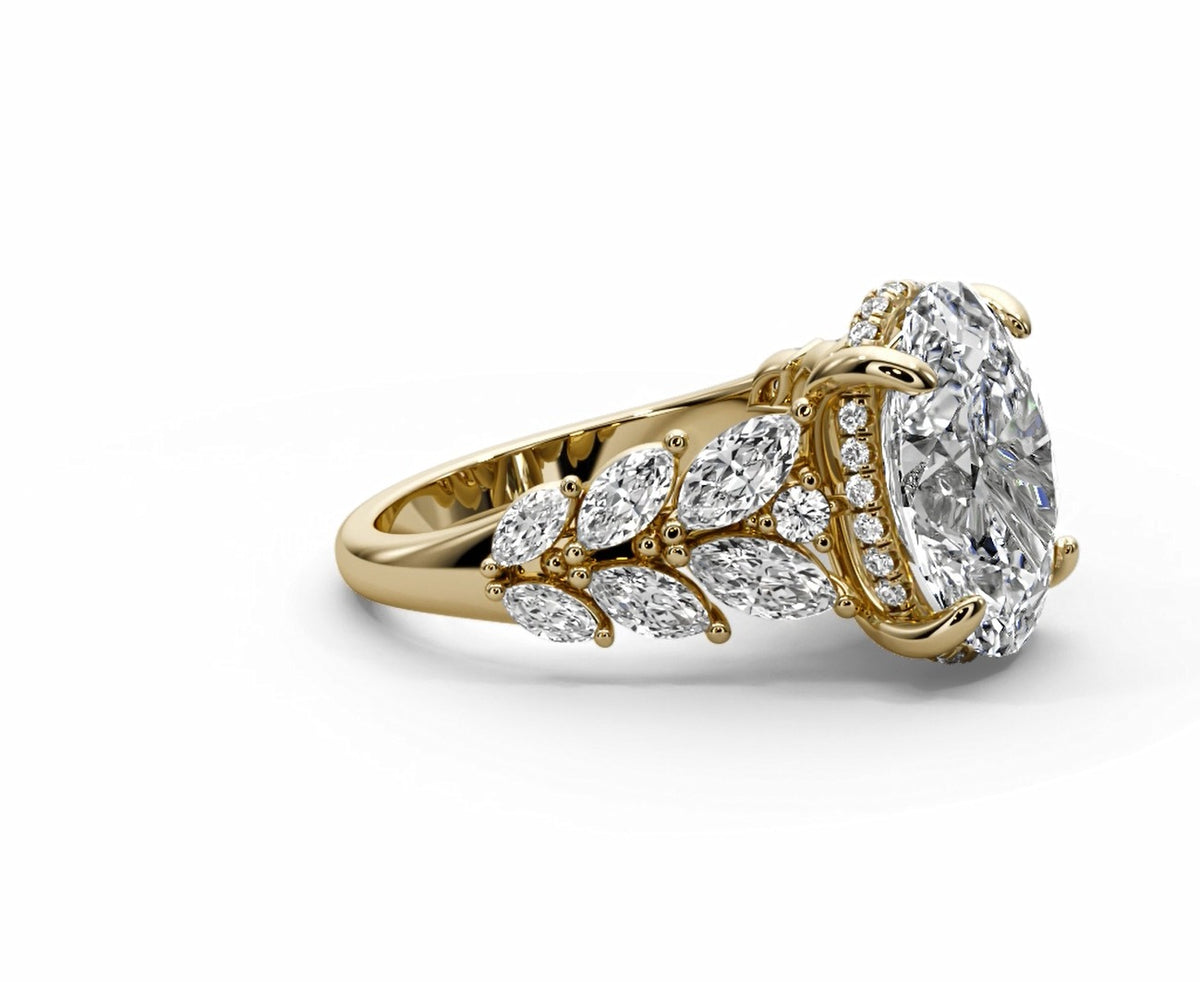 Oval Halo Leaf Vine Moissanite Engagement Ring – Gold Plated 925 Silver