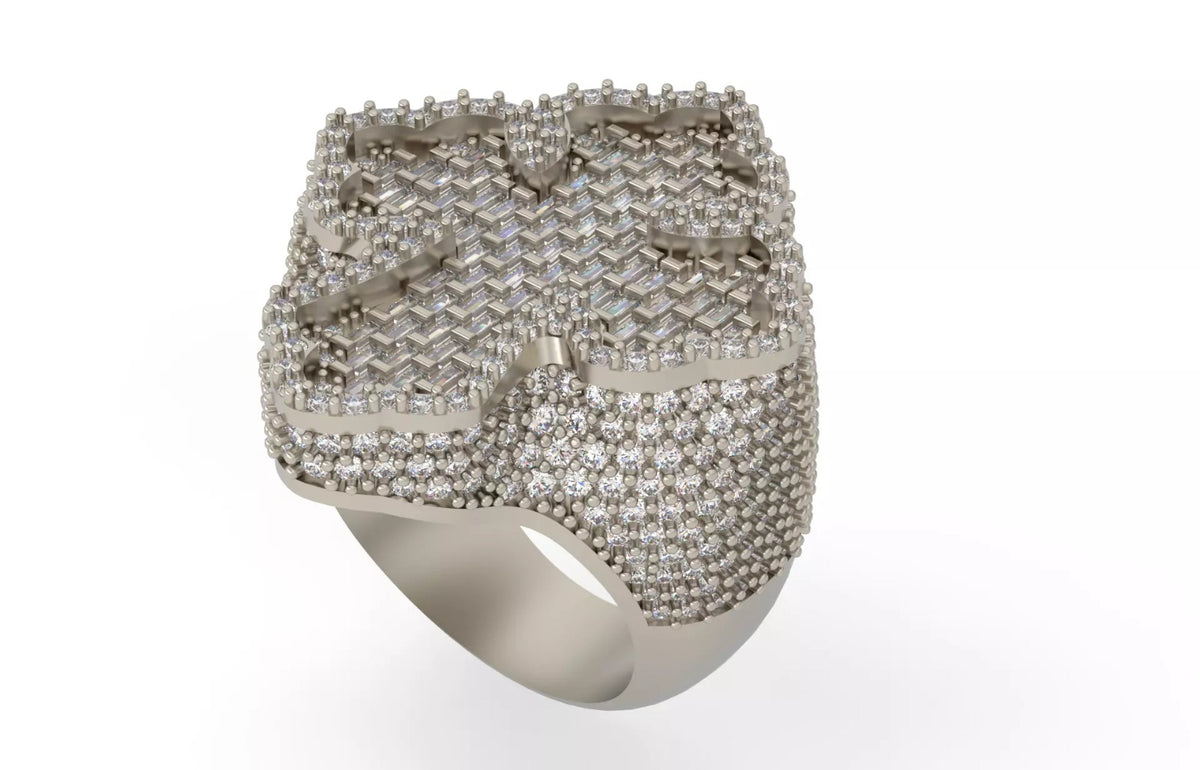 Iced Out Baguette Clover Ring – Cross Pattern Hip Hop Ring