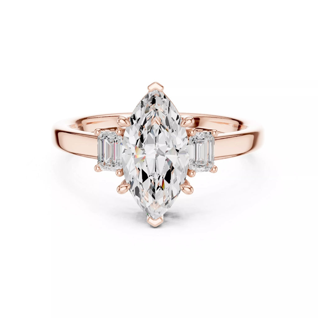 Marquise Cut Three Stone Engagement Ring with Tapered Baguettes
