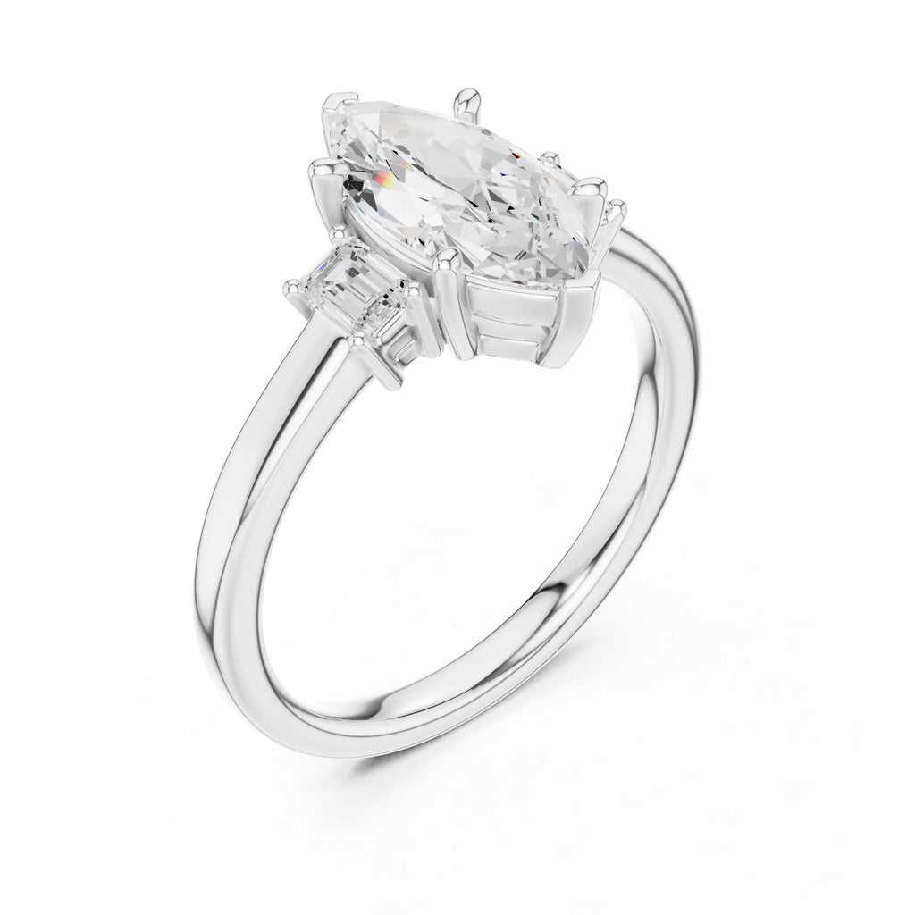 Marquise Cut Three Stone Engagement Ring with Tapered Baguettes