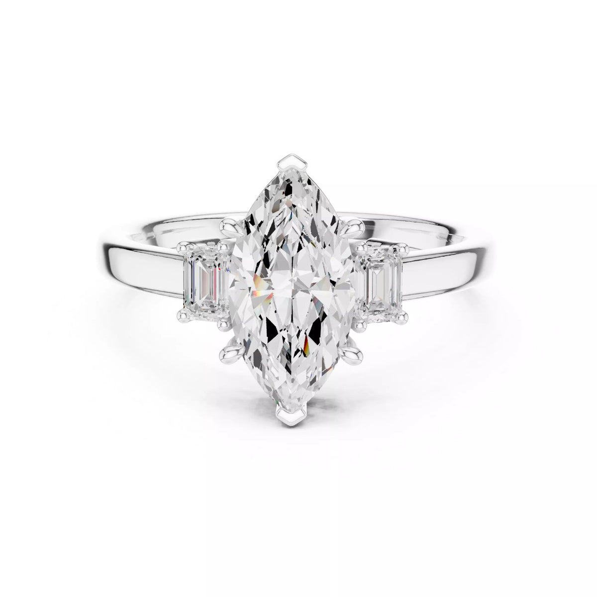 Marquise Cut Three Stone Engagement Ring with Tapered Baguettes