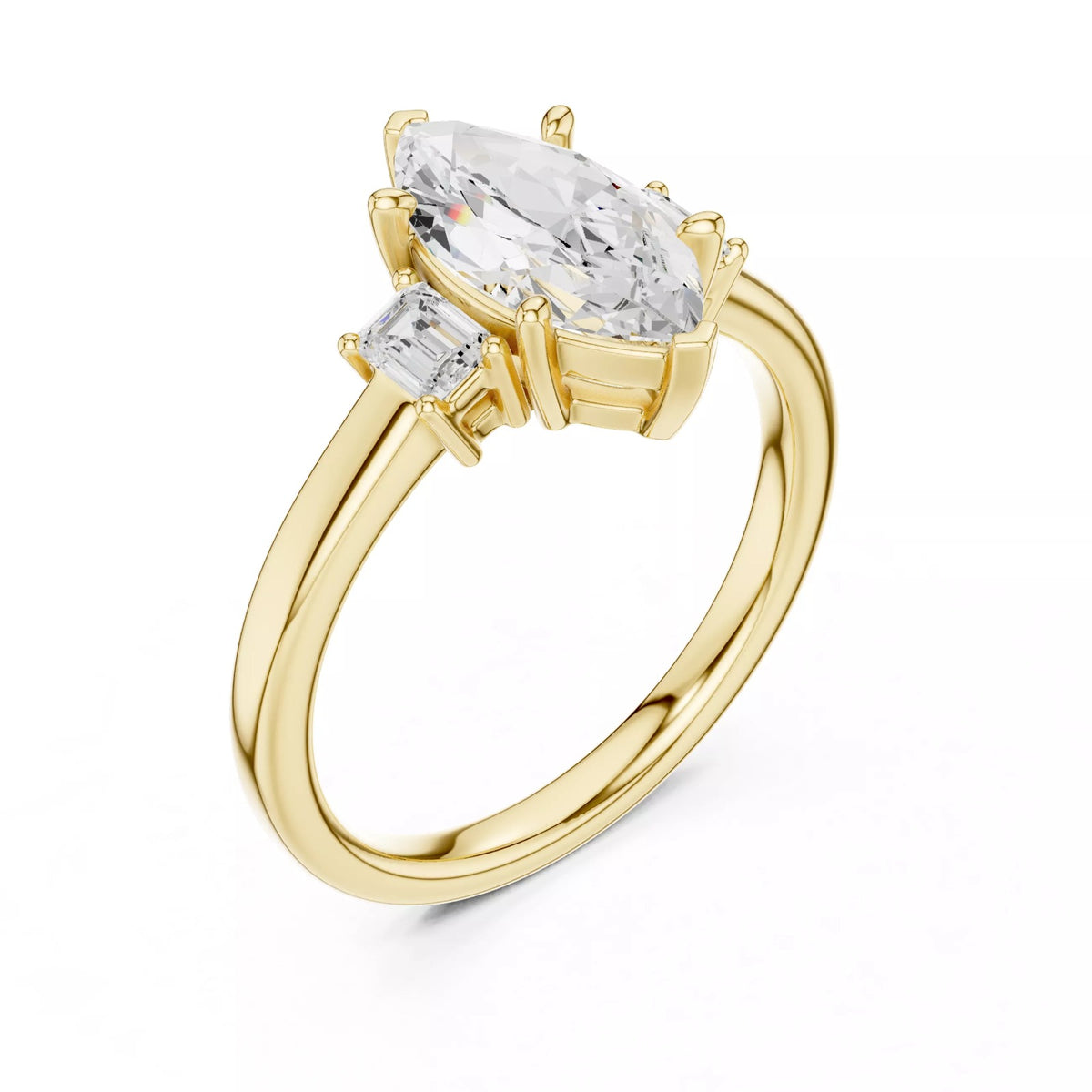 Marquise Cut Three Stone Engagement Ring with Tapered Baguettes