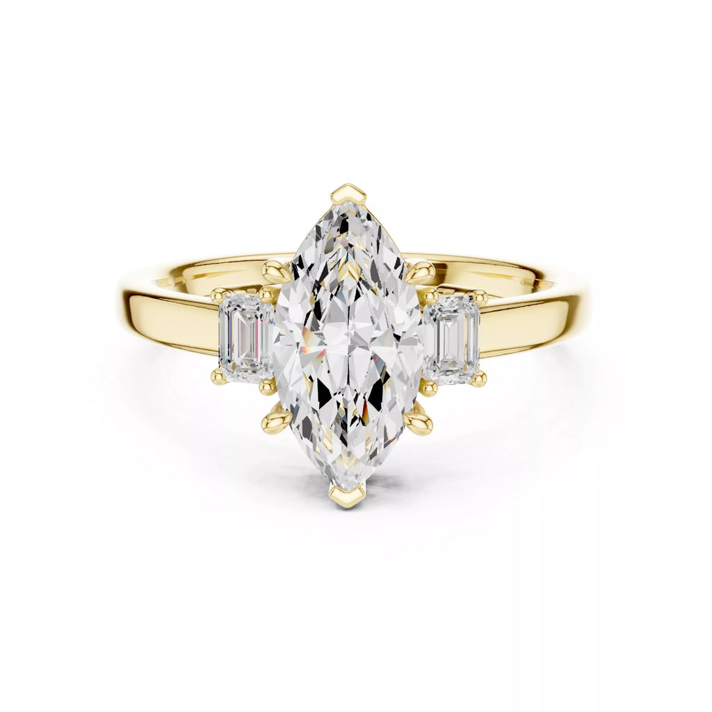 Marquise Cut Three Stone Engagement Ring with Tapered Baguettes