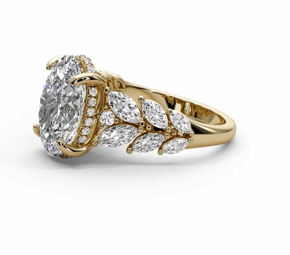 Oval Halo Leaf Vine Moissanite Engagement Ring – Gold Plated 925 Silver