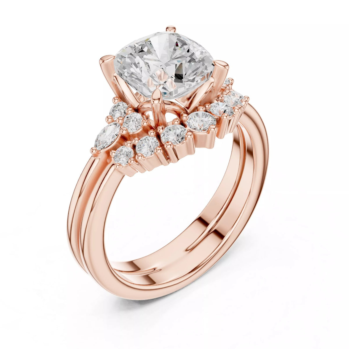 Round Cluster Double Band Engagement Ring in Solid Gold – Moissanite or Lab Grown Diamond