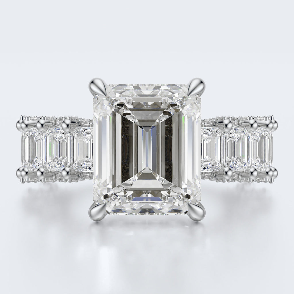 Emerald Cut Moissanite Statement Ring with Pavé Band – Gold Plated 925 Silver