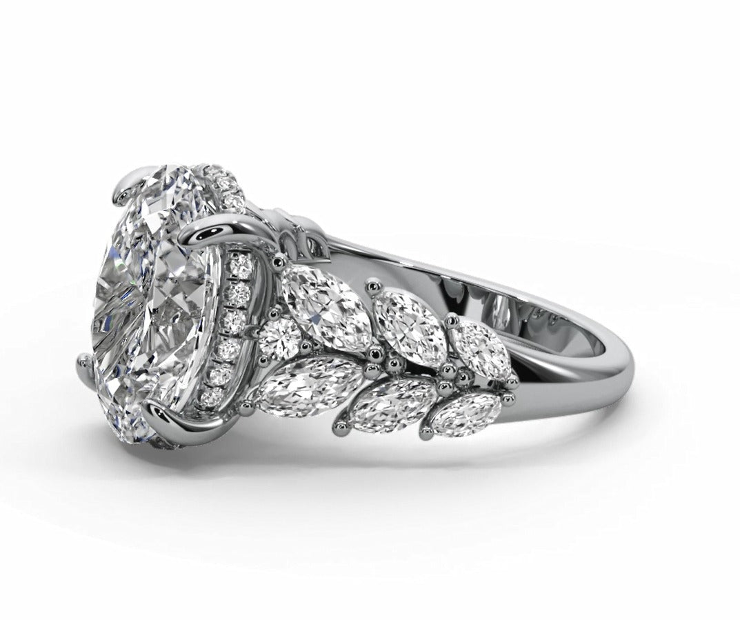 Oval Halo Leaf Vine Moissanite Engagement Ring – Gold Plated 925 Silver