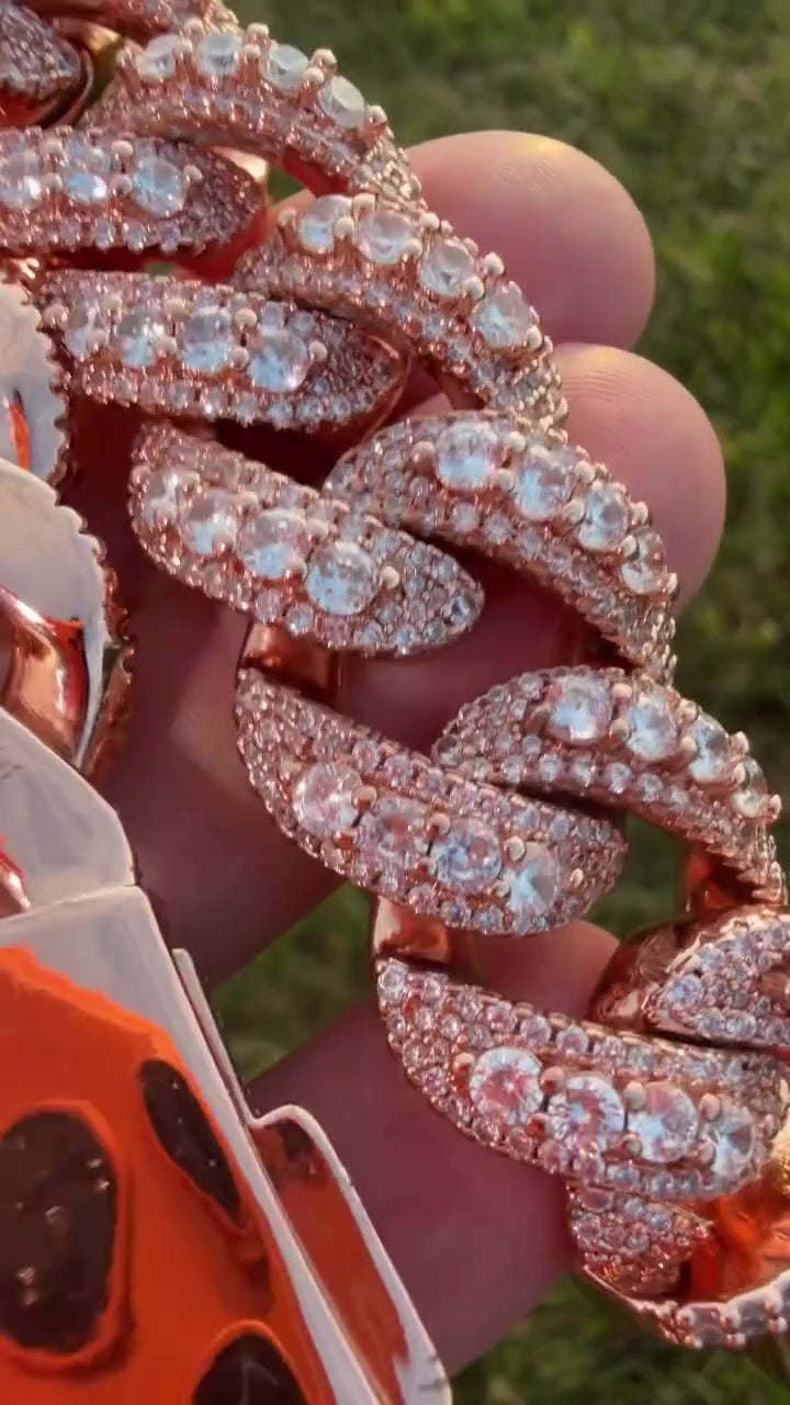Iced Out Miami Cuban Link Bracelet - Rose Gold Moissanite, 925 Sterling Silver