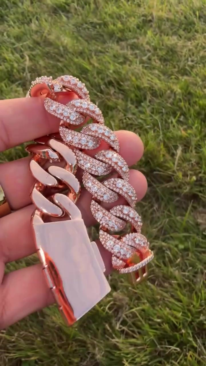 Iced Out Miami Cuban Link Bracelet - Rose Gold Moissanite, 925 Sterling Silver