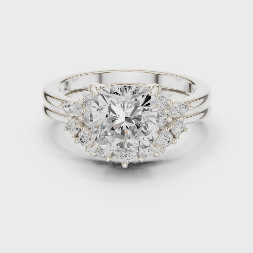 Round Cluster Double Band Engagement Ring in Solid Gold – Moissanite or Lab Grown Diamond