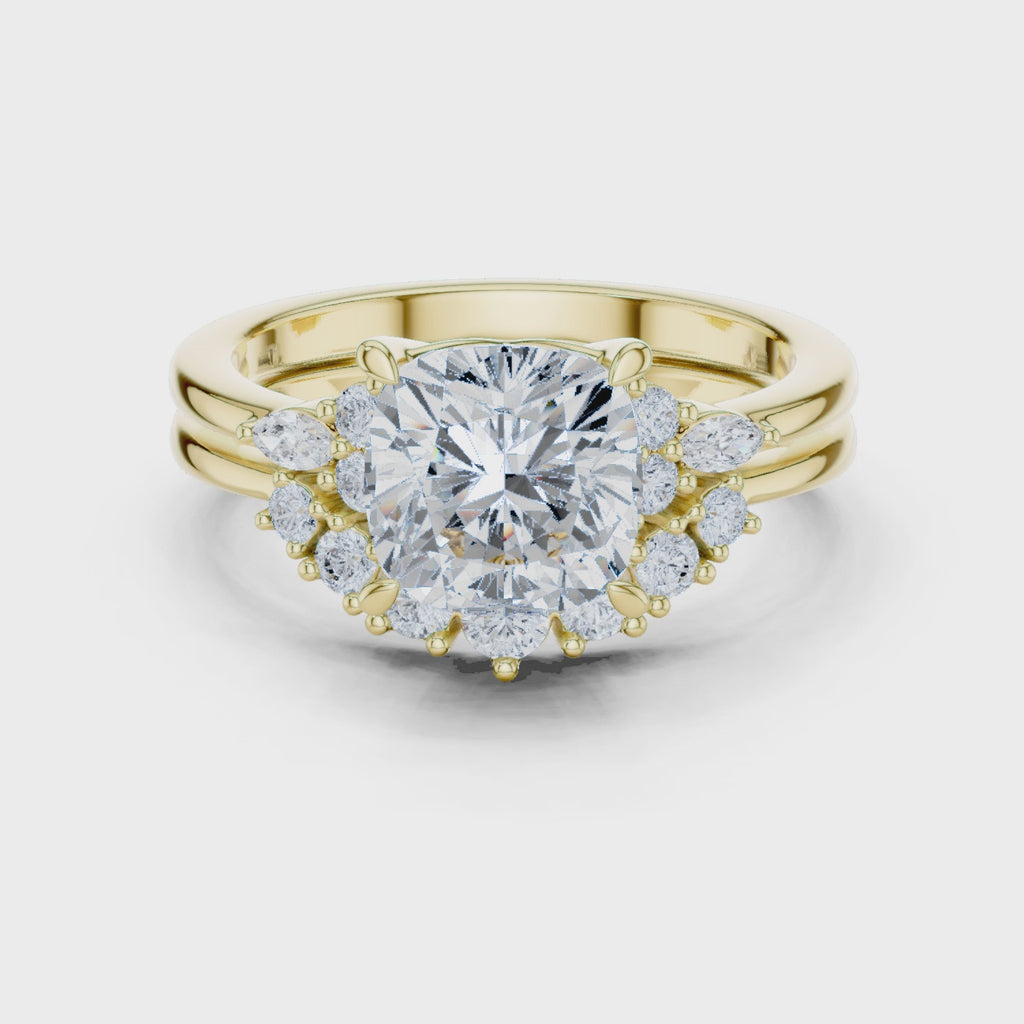 Round Cluster Double Band Engagement Ring in Solid Gold – Moissanite or Lab Grown Diamond
